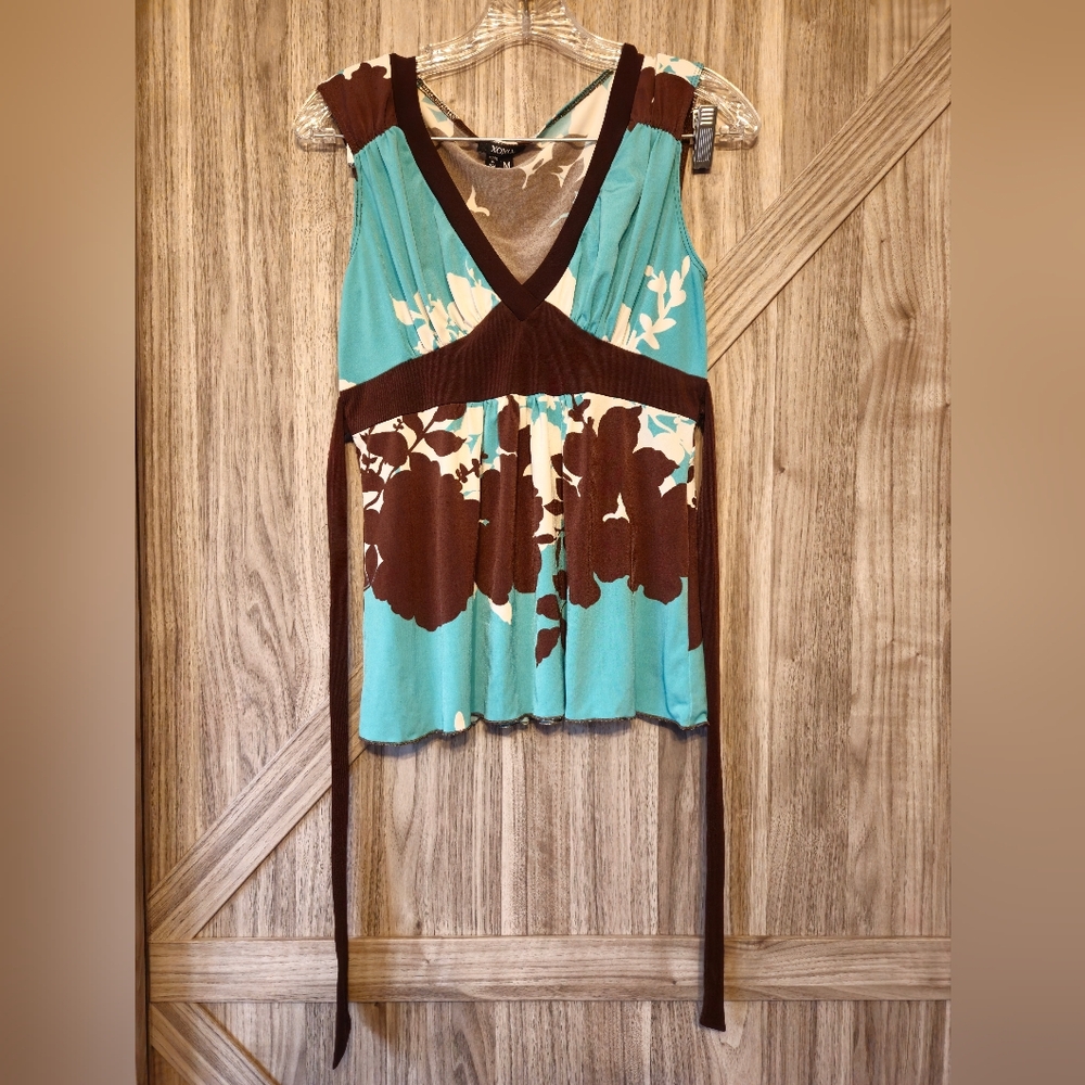 Floral Sleeveless Top - Brown and Aqua